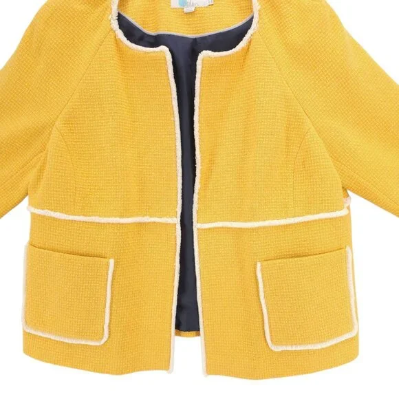 BODEN Ida Jacket Yellow Woven Tweed Frayed Hem Open Front Textured US 14 - Picture 2 of 8